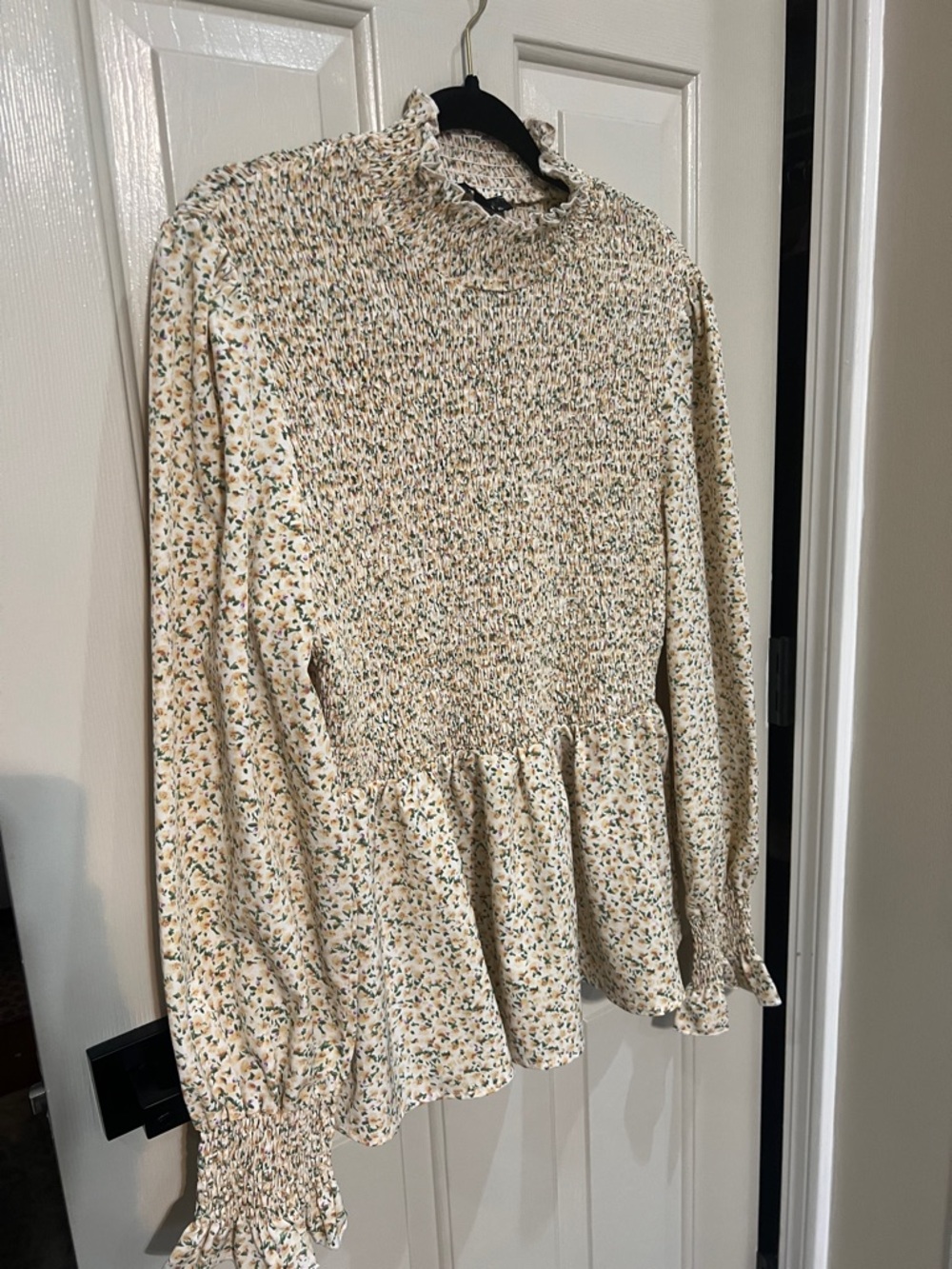 Smocked Floral Ruffle Peplum Blouse - Cream/Green